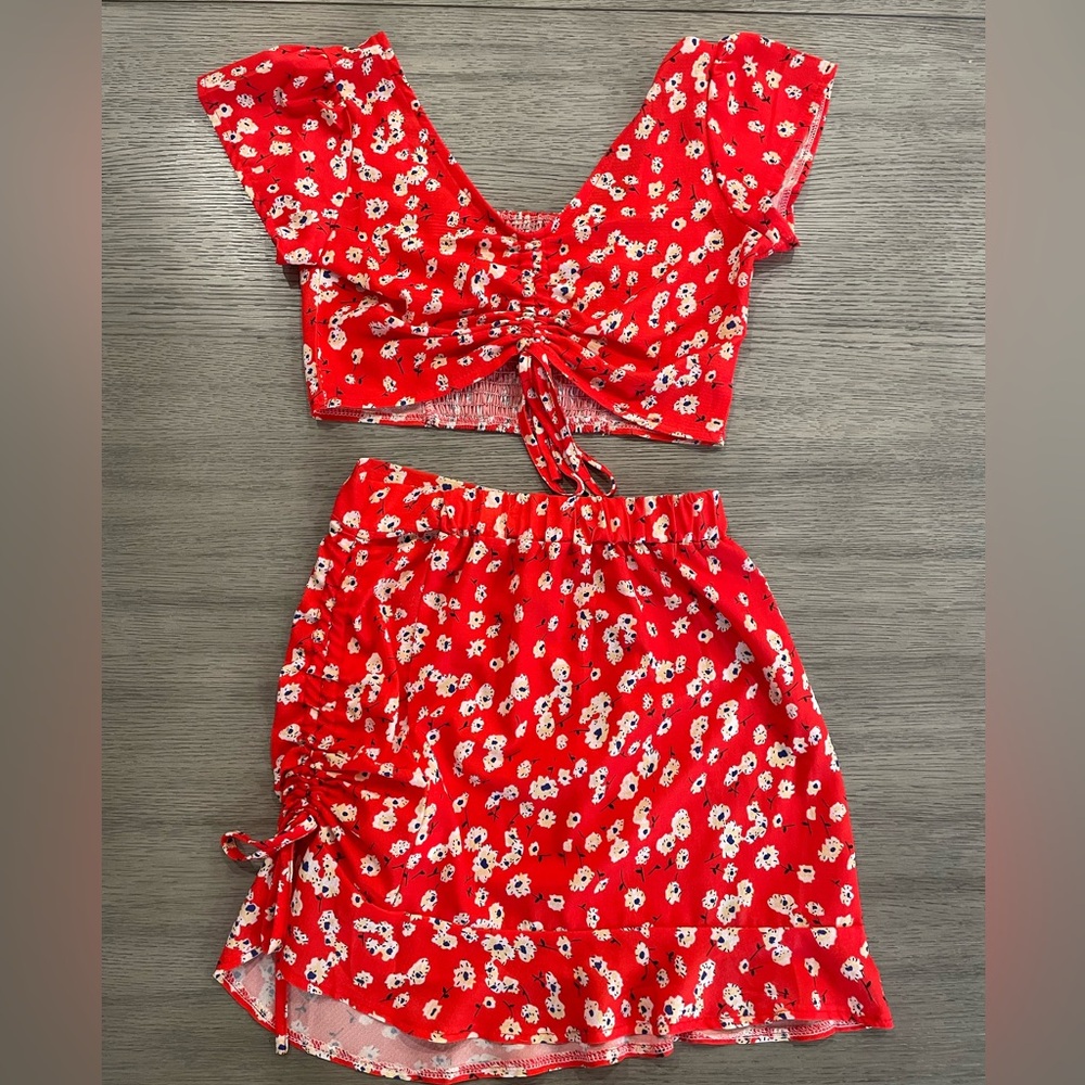 ROMWE Red Floral Skirt Set